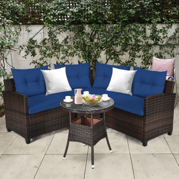 Kadehome 4-Piece Outdoor Wicker Rattan Patio Conversation Set with Cushion in Navy