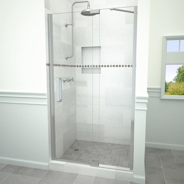 Tile Redi Redi Swing 5200 41 in. W x 76 in. H Semi-Frameless Pivot Shower Door in Brushed Nickel with Handle and Clear Glass
