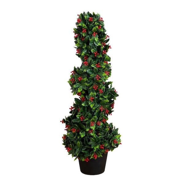 3 ft. UV Resistant Pre-Lit Artificial Holly Berry Christmas Spiral Tree with 36 LED Lights (Indoor/Outdoor)