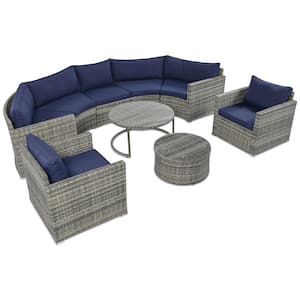 9-Pieces Outdoor Wicker Patio Conversation Set Half-Moon Patio Sofa Set Modern Style Sofa Set with Blue Cushions