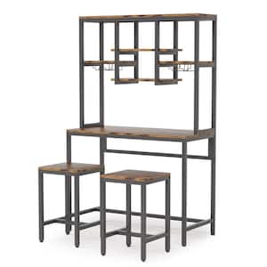 Bryan 75 in. Vintage Brown Wood Bar Table Set, Industrial Wine Rack Table with Glass Holder and 2-Bar Stools