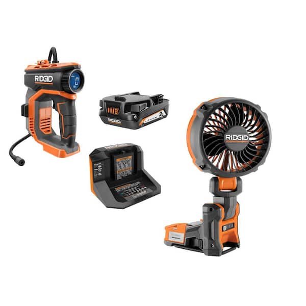 18V Cordless Portable Inflator Kit with 2.0 Ah Battery, Charger, and 18V Brushless Cordless Magnetic Clamp Fan