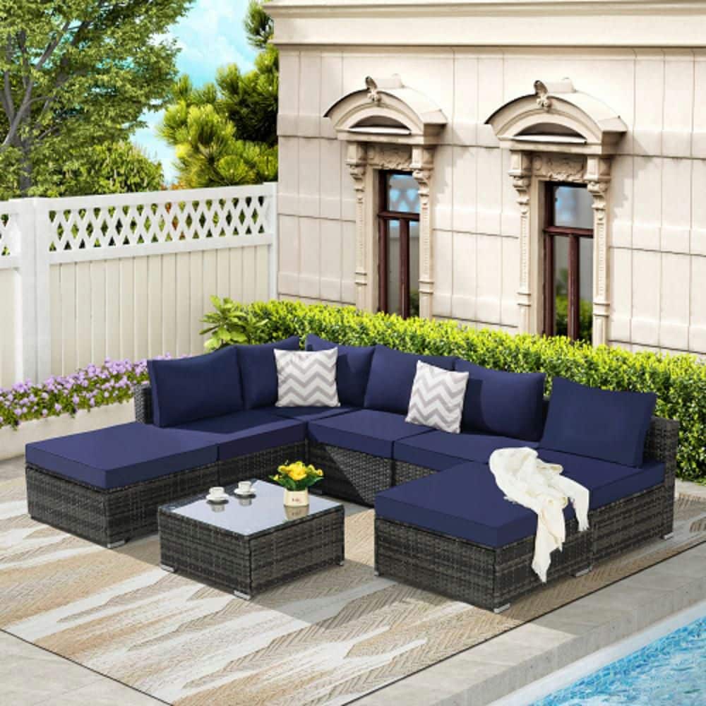 8-Piece Wicker Outdoor Sectional Set with Washable Dark Blue Cushions and G