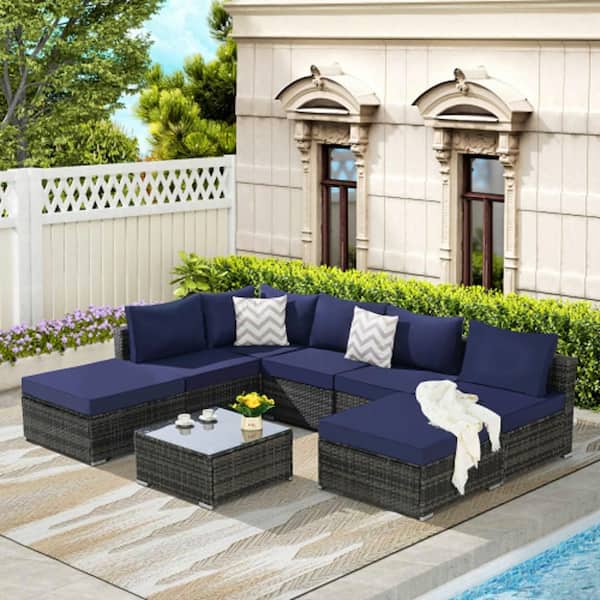 Unbranded 8-Piece Wicker Outdoor Sectional Set with Washable Dark Blue Cushions and Glass Coffee Table