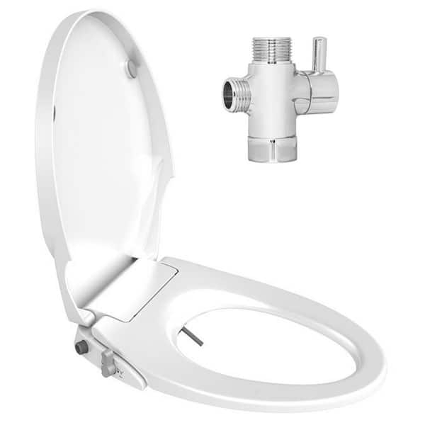 eModernDecor Soft Close Non-Electric Bidet Seat for Elongated Toilets in White with Dual Nozzles and On/Off Solid Brass T Adapter