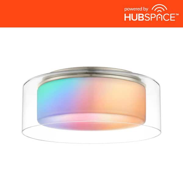 Home Decorators Collection Denning 13 in. Brushed Nickel Smart Voice Controlled CCT and RGB Color Selectable LED Flush Mount Powered by Hubspace