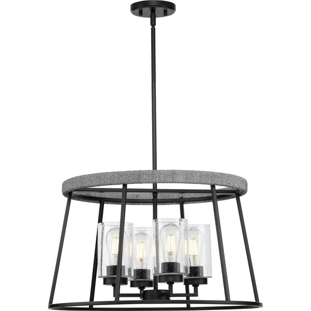Matte Black 24" Cage Chandelier with Seeded Glass Shades