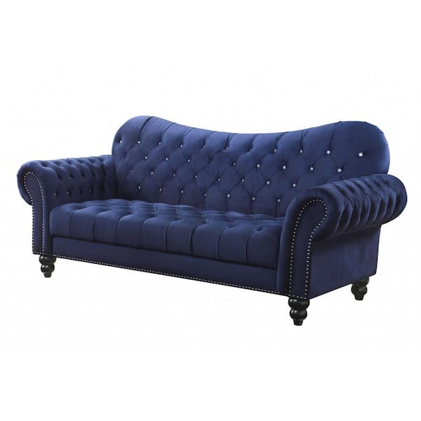 HomeRoots Amelia 91 in. W Rolled Arm Velvet Tufted Rectangle Sofa in Blue