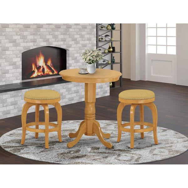 East West Furniture 3-Piece Round Natural Oak Finish Solid Wood Top Dining Table with 2 Parson-Chairs with Lattice Back