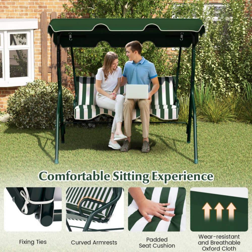 Green and White Striped Metal 3-Person Porch Swing with Adjustable Canopy