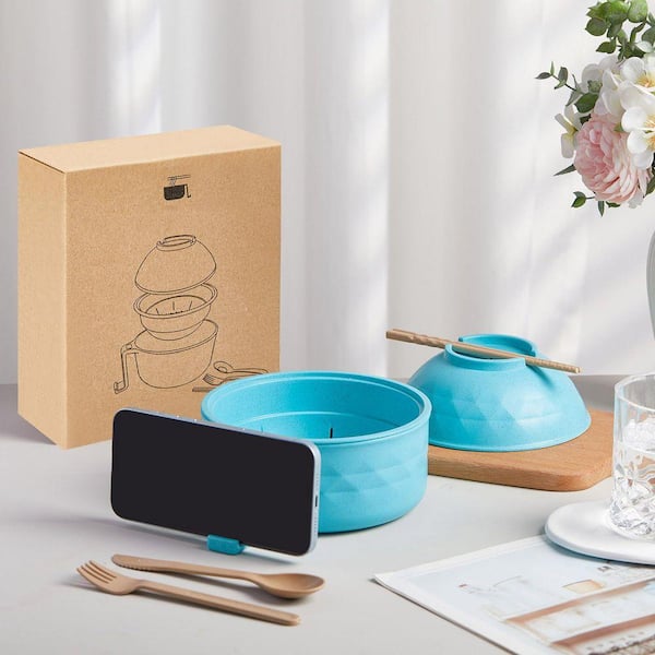 Lynzavix Microwave Ramen Cooker Set 33 oz. Sky Blue Wheat Straw