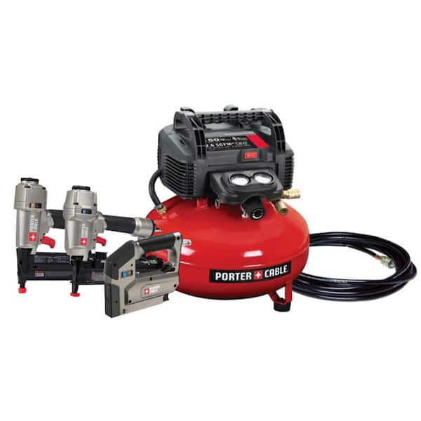 Porter Cable 6 Gal 150 Psi Portable Electric Air Compressor 16 Gauge Nailer 18 Gauge Nailer And 3 8 In Stapler 3 Tool Combo Kit Pcfp The Home Depot