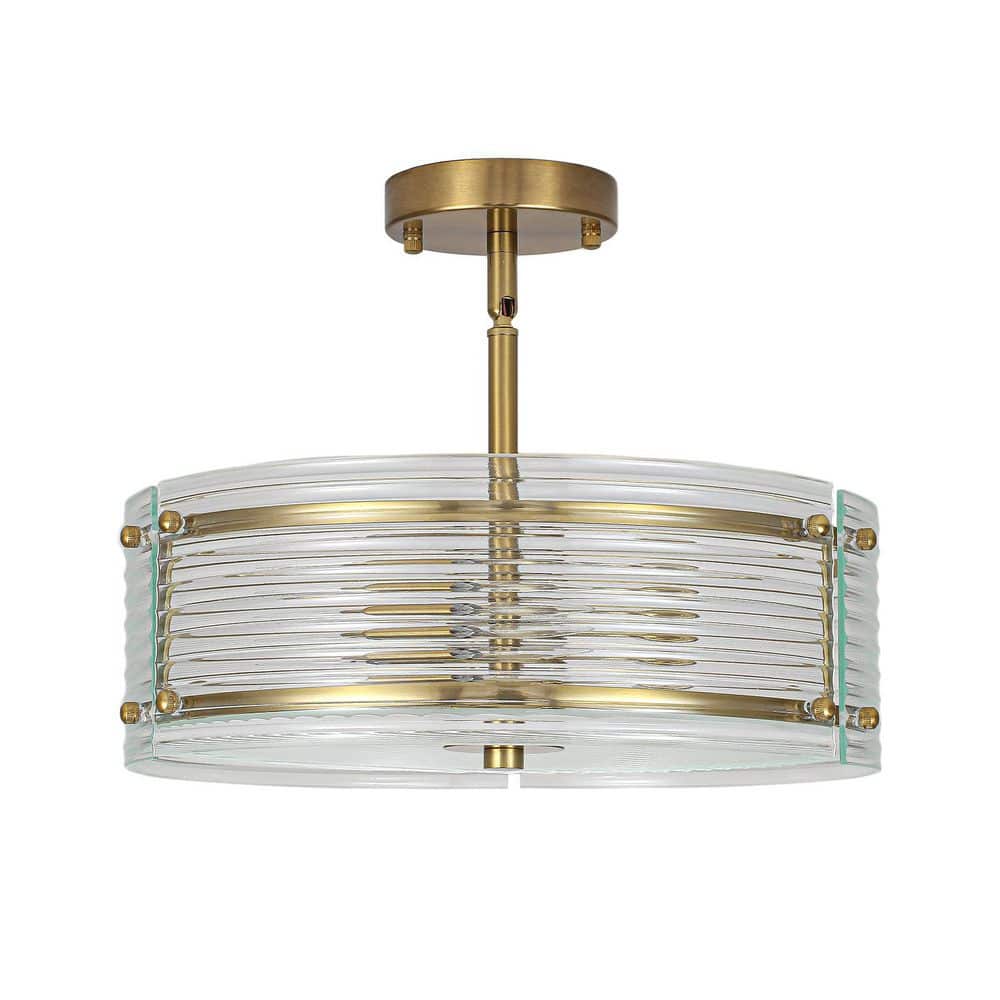 15 in. 3-Light Drum Brushed Gold Semi-Flush Mount with Ribbed Glass Shade for Living Room Bedroom Kitchen price history on PriceWatchPro