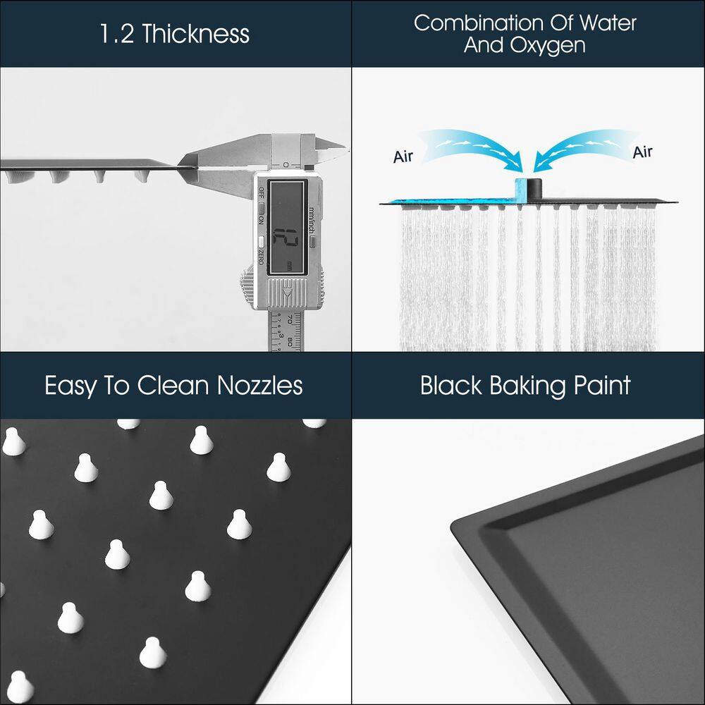 Matte Black 12-Inch Square Stainless Steel Rain Shower Head
