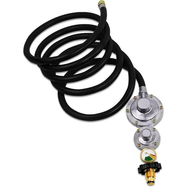 Upgraded Two Stage Propane Regulator w/ 10ft Hose & Gauge 3/8in Flare Fitting for Grill Heaters Fire Pit Gas Generator