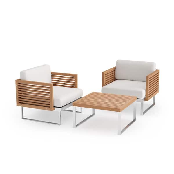 NewAge Products Monterey 3 Piece Stainless Steel Teak Outdoor Patio Conversation Set with Canvas Natural Cushions and Coffee Table