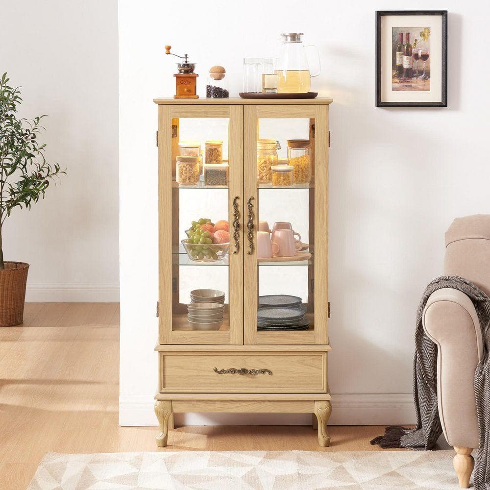 Light Oak 51.6 in. H Lighted Curio Cabinet w/Adjustable Glass Shelves and Drawer Glass Display Cabinet (Bulb Included)