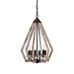 Cydney 16 in. 6-Light Indoor Rustic Brown and Faux Wood Grain Chandelier with Light Kit