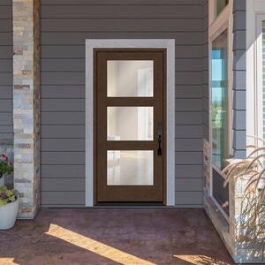 Regency 32 in. x 80 in. Modern 3Lite Equal Clear Glass LHIS Hickory Stain Mahogany Fiberglass Prehung Front Door