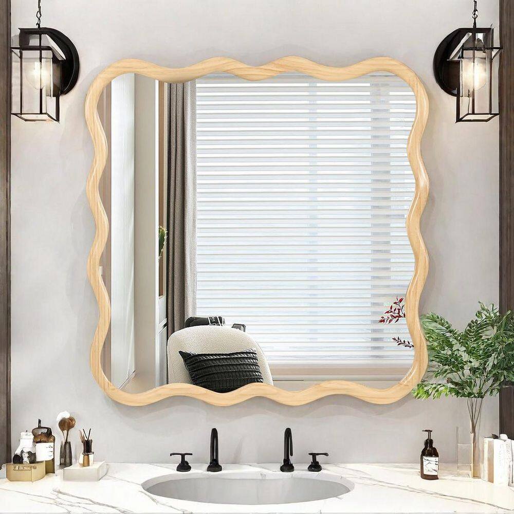 Natural Wood 36 in. W x 36 in. H Solid Wood Accent Mirror Decorative Wall Mirror Bathroom Mirror Wall DecorMirror