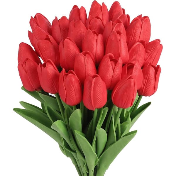 30PCS Artificial Tulip Flowers 13.7 in Real Touch Fake Tulips Spring Faux Flowers(Red)