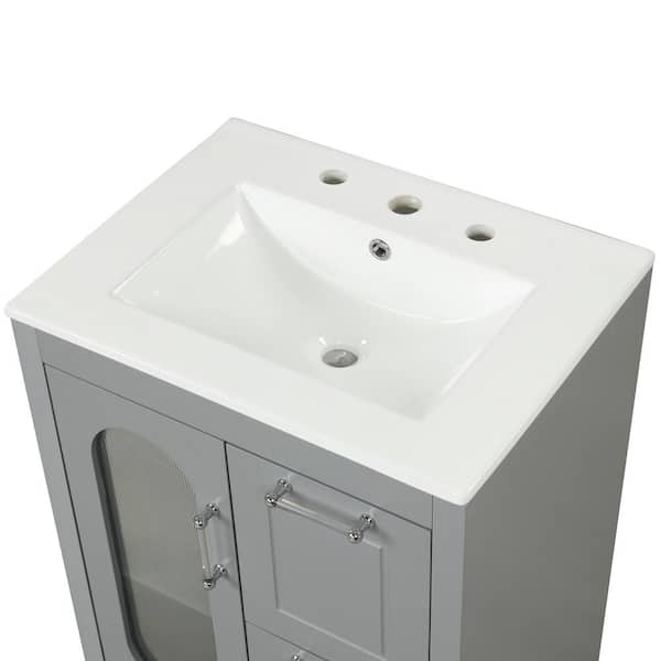 OLUMAT 24 in. W x 18 in. D x 33 in. H Single Sink Bath Vanity in Gray with White Ceramic Top