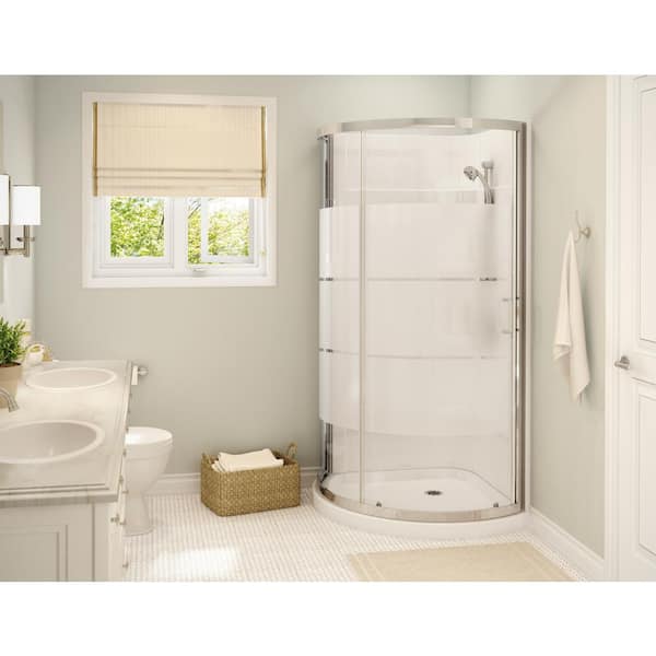 Cyrene 34 in.x 76 in. Off-Center Corner Shower Kit w/Semi-Frameless 3-Stripes Sliding Door Base Wall Kit in White,Chrome