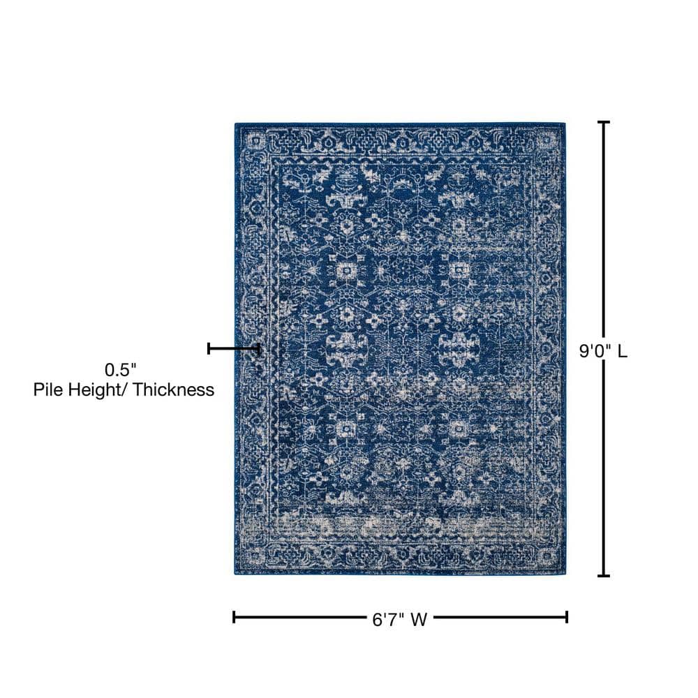 Navy and Ivory High Pile Synthetic Rectangular Rug
