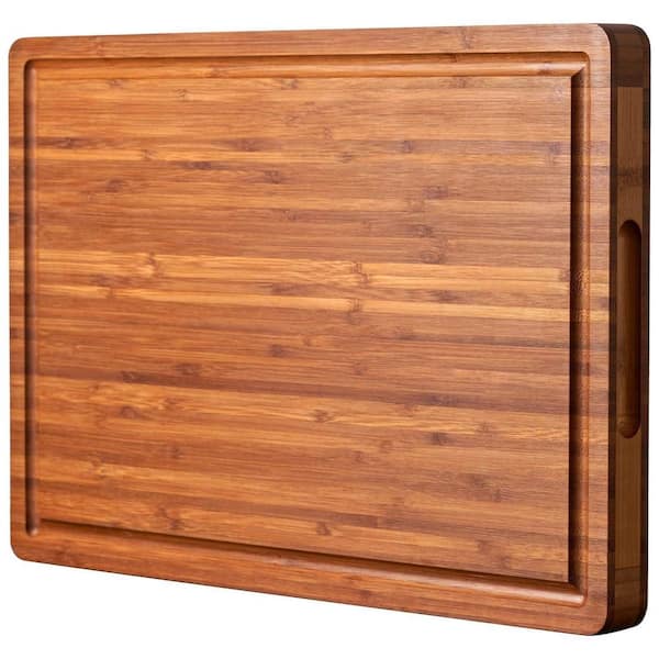 Large 17 in. x 12.5 in. Rectangular 1 in. Thick Bamboo Cutting Board with Deep Juice Grooves and Built-In Handles