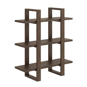 Benji 32 in. 3 Tier Floating Wall Bookcase, Decorative Display Modular Shelf in Solid Wood, Wire Brushed Dark Brown