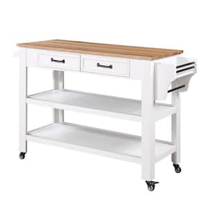 Kitchen Island Wood Outdoor Bar Rolling Cart with Storage, Solid OAK Wood Top, 2-Sided, Wheels and 2-Drawers in White