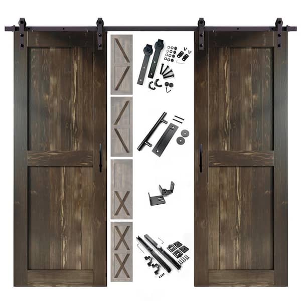HOMACER 48 in. x 80 in. 5 in. 1 Design Ebony Double Pine Wood Interior Sliding Barn Door Hardware Kit, Non-Bypass