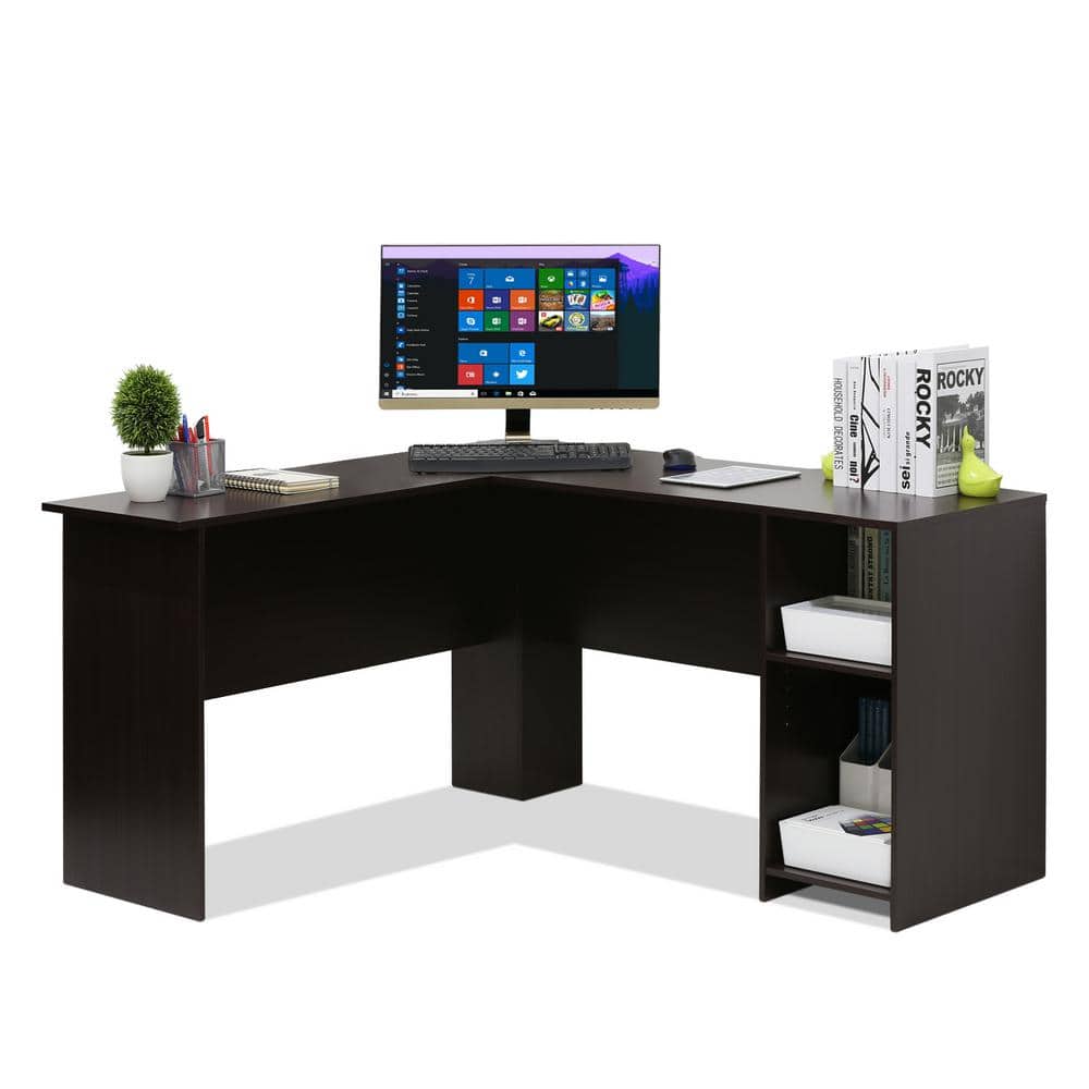 Espresso Wood L-Shaped Corner Computer Desk with Shelves
