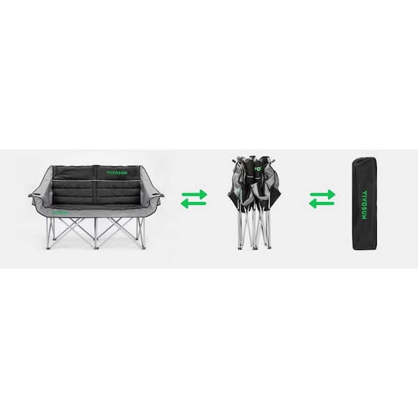 ITOPFOX Black Double Camping Chair Steel Fully Padded Folding Loveseat, Oversized Duo Chair with Cup & Wine Glass Holders