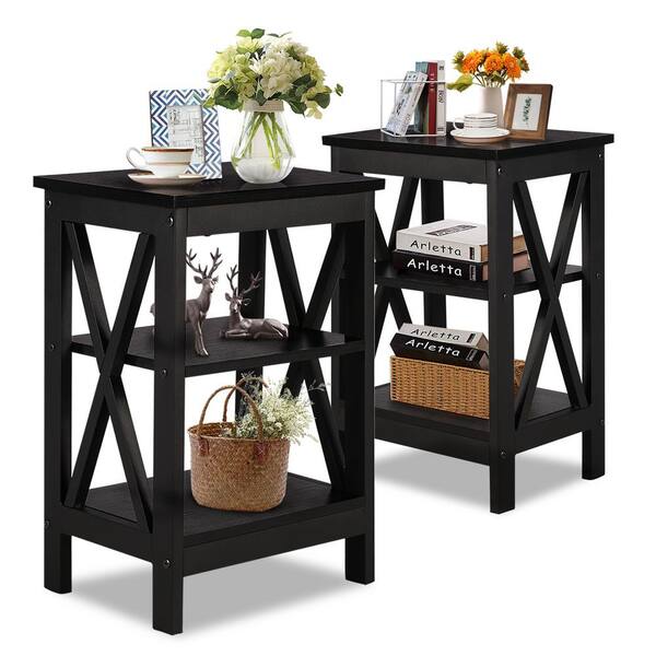 VECELO 2-Piece Black 3-Tier Nightstand Wooden Sofa Table Storage