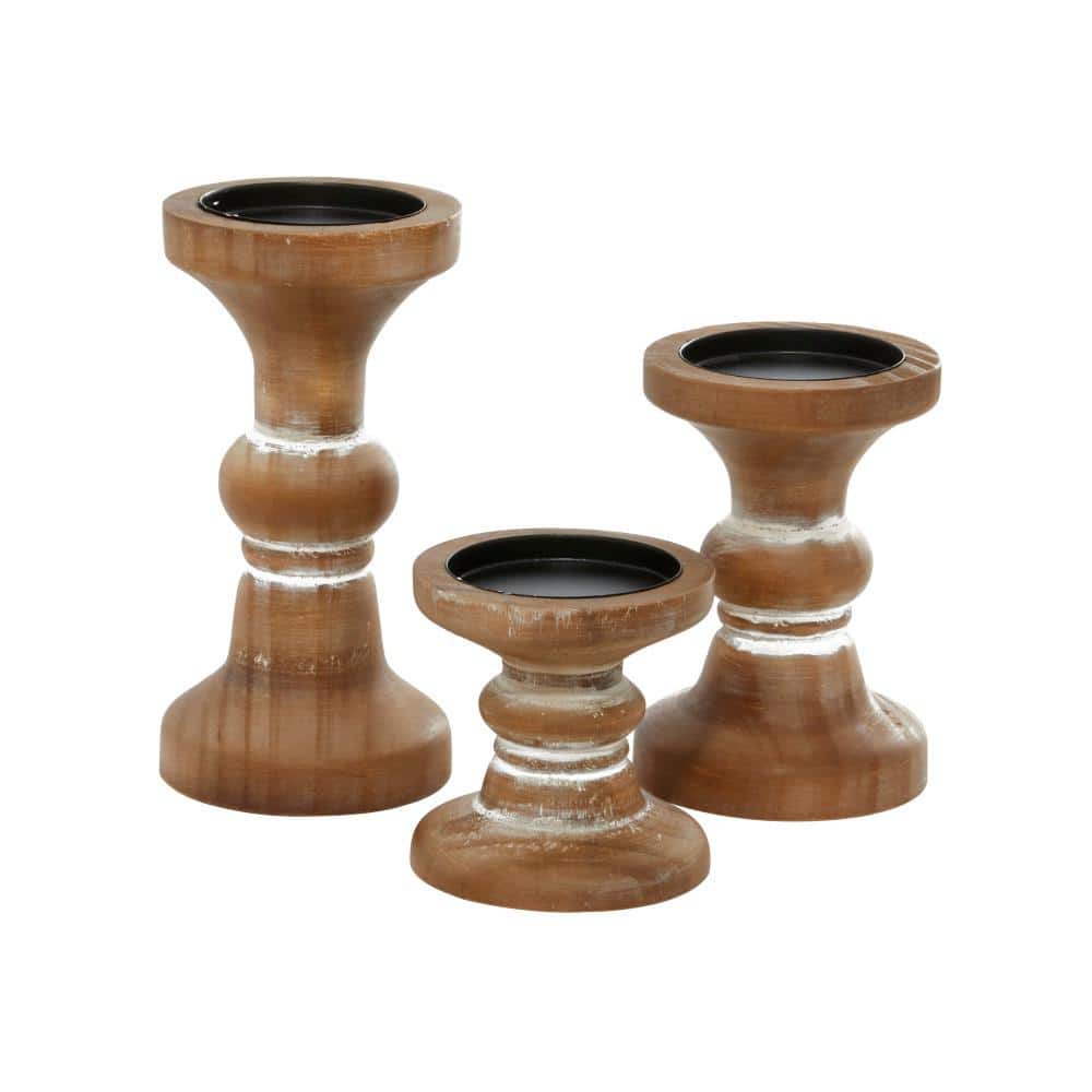 Rustic Farmhouse Brown Beaded Wood Candle Holder Set of 3