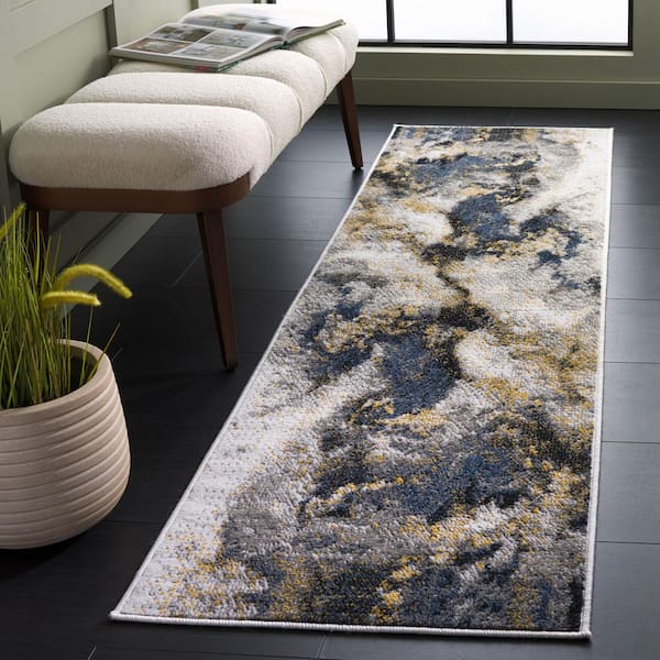 Pyramid 2 ft. x 8 ft. Gray/Navy Gold Modern Abstract Runner Rug