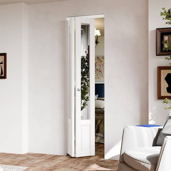 24 in. x 80 in. Half Lite Mirrored Glass Solid Core White PVC Covering MDF Bi-fold Door with Locks and Handles