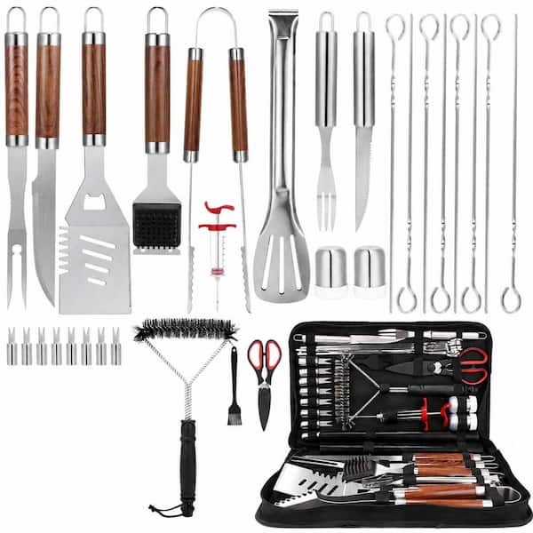 34-Piece Brown Stainless Steel Grill Tools Kit with Glove, Mats, Carrying Bag for Outdoor BBQ and Camping