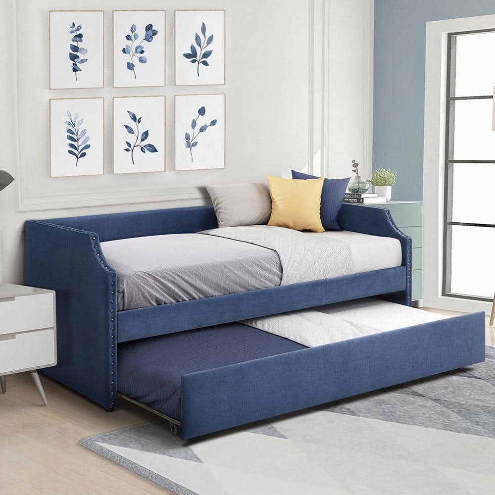 Lazzara Elwell Blue Textured Fabric Upholstered Twin Daybed with