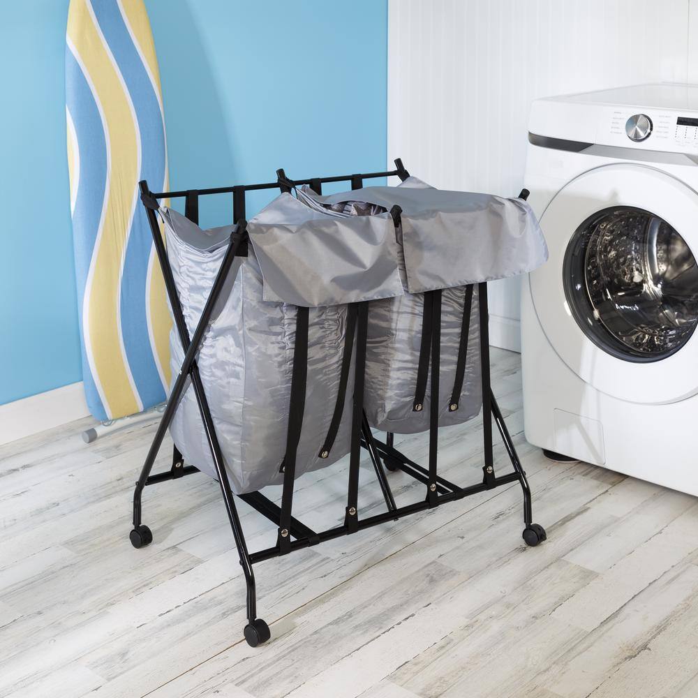 Gray and Black Collapsible Double Laundry Hamper with Wheels