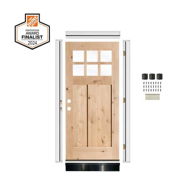 DIY 36 in. x 80 in. Knotty Alder Right-Hand 6 Lite Clear Glass Unfinished Wood Front Door Kit w/ Quick Assemble Jamb