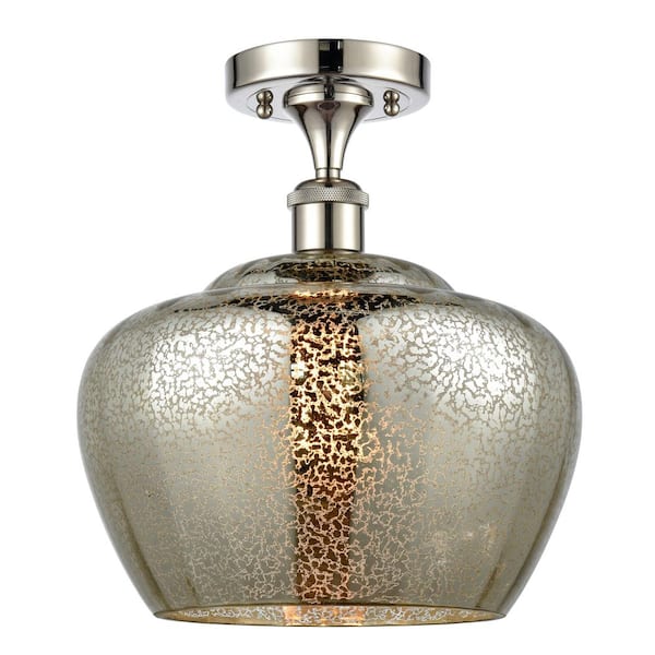 Fenton 11 in. 1-Light Polished Nickel Industrial Semi-Flush Mount with Decorative Glass Shade