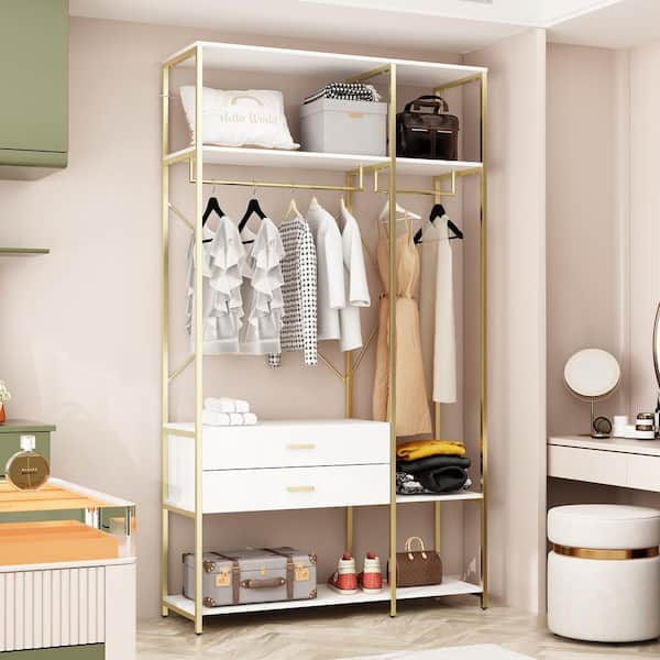 FUFU&GAGA White and Gold Metal Frame 47.2 in. W Armoires Wardrobe With Hanging Rods and Open Shelf, Drawers