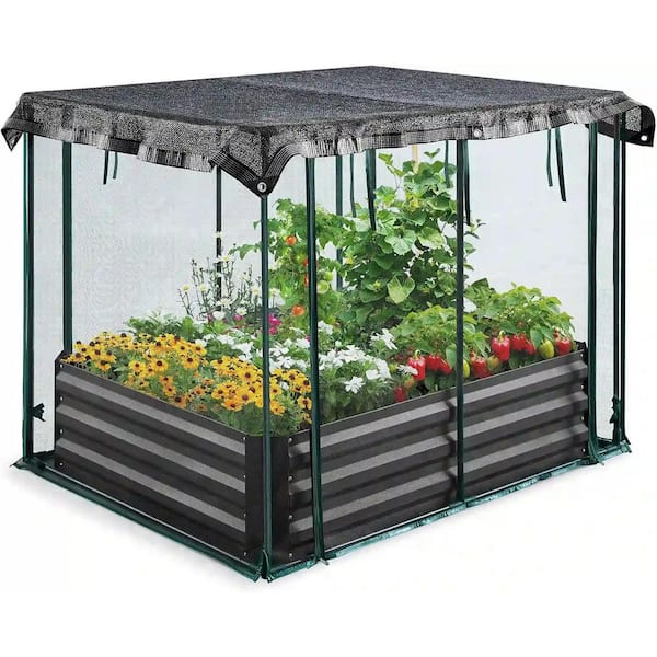 Wildaven 4.1 ft. x 3.12 ft. x 3.45 ft. Galvanized Metal Raised Garden Bed with Protection Net Tent Shade Cloth Kit, Dark Gray