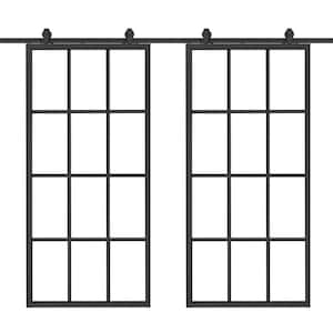 72 in. x 84 in. 12-Lite Clear Glass Black Aluminum Frame Interior Double Sliding Barn Door with Hardware Kit