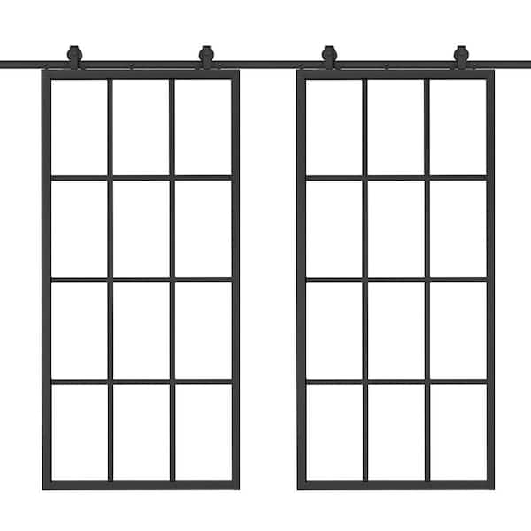 CALHOME 72 in. x 84 in. 12-Lite Clear Glass Black Aluminum Frame Interior Double Sliding Barn Door with Hardware Kit