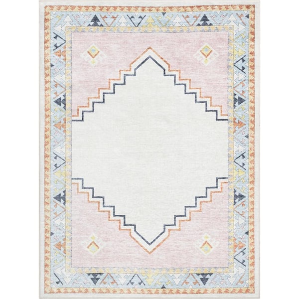 Ethnic Soft Medallion Modern Kids Pink Beige 6 ft. x 9 ft. Machine Washable Flat-Weave Area Rug