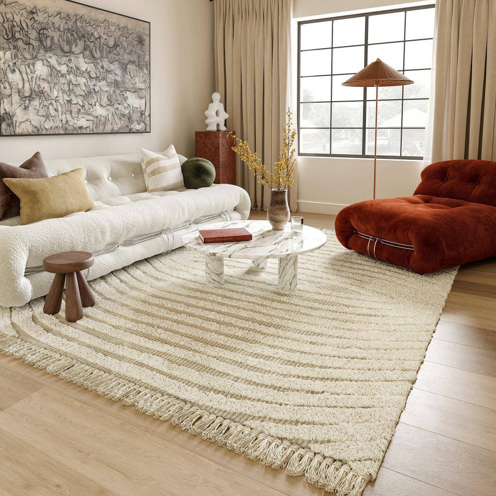 Ivory Hand-Tufted Wool and Cotton Shag Area Rug, 10' x 14'