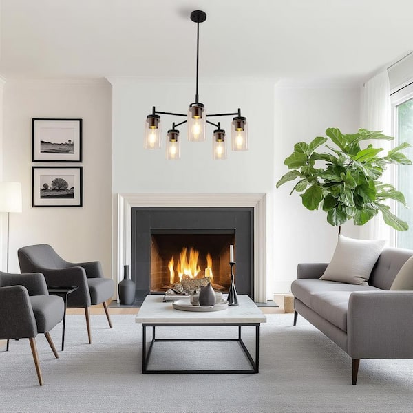 5-Light Black Pendant Light with Clear Glass Shades - Adjustable Modern Chandelier for Living Room or Foyer